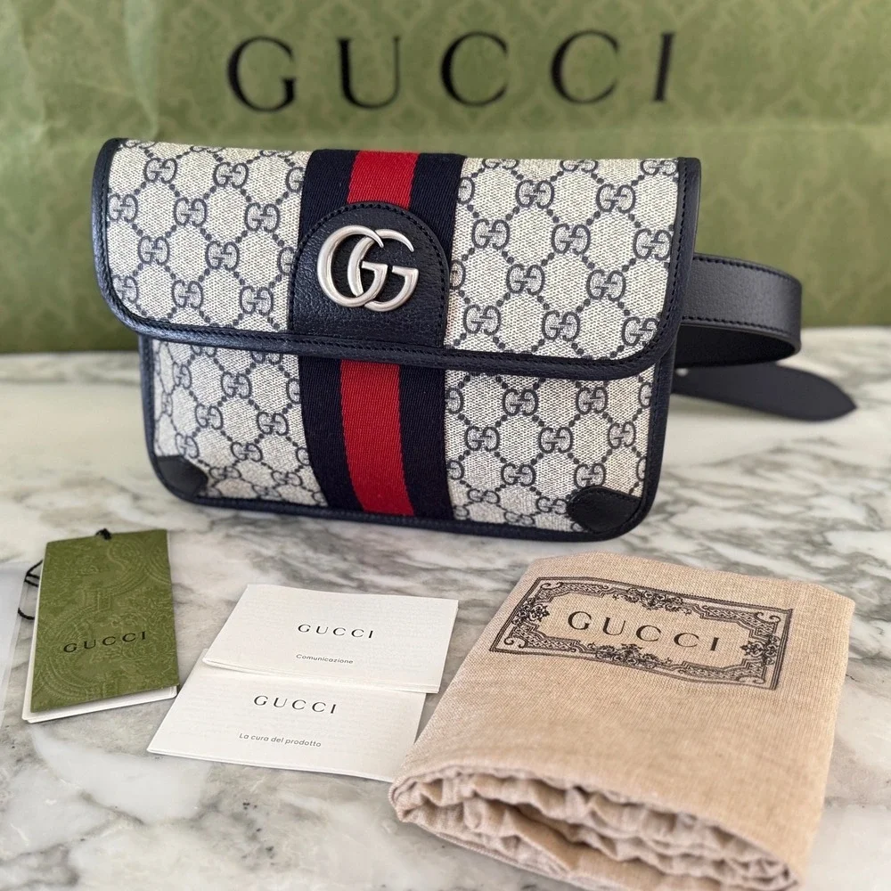 Gucci Ophidia GG Supreme Belt Bag Blue Red Web Stripe Silver 674081 size 90